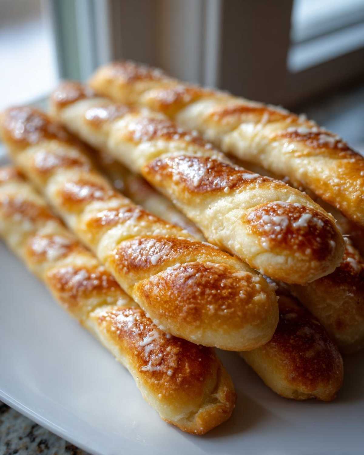 Close-up of several golden brown, twisted breadsticks brushed with garlic butter and stacked on a white plate.