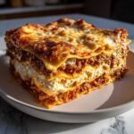 A thick, towering slice of homemade lasagna showing layers of pasta, rich meat sauce, and creamy ricotta cheese.