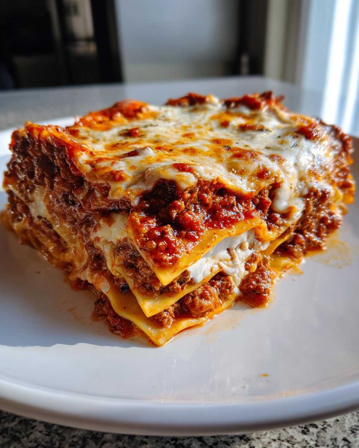 A close-up, appetizing slice of layered lasagna with rich meat sauce and melted cheese topping.