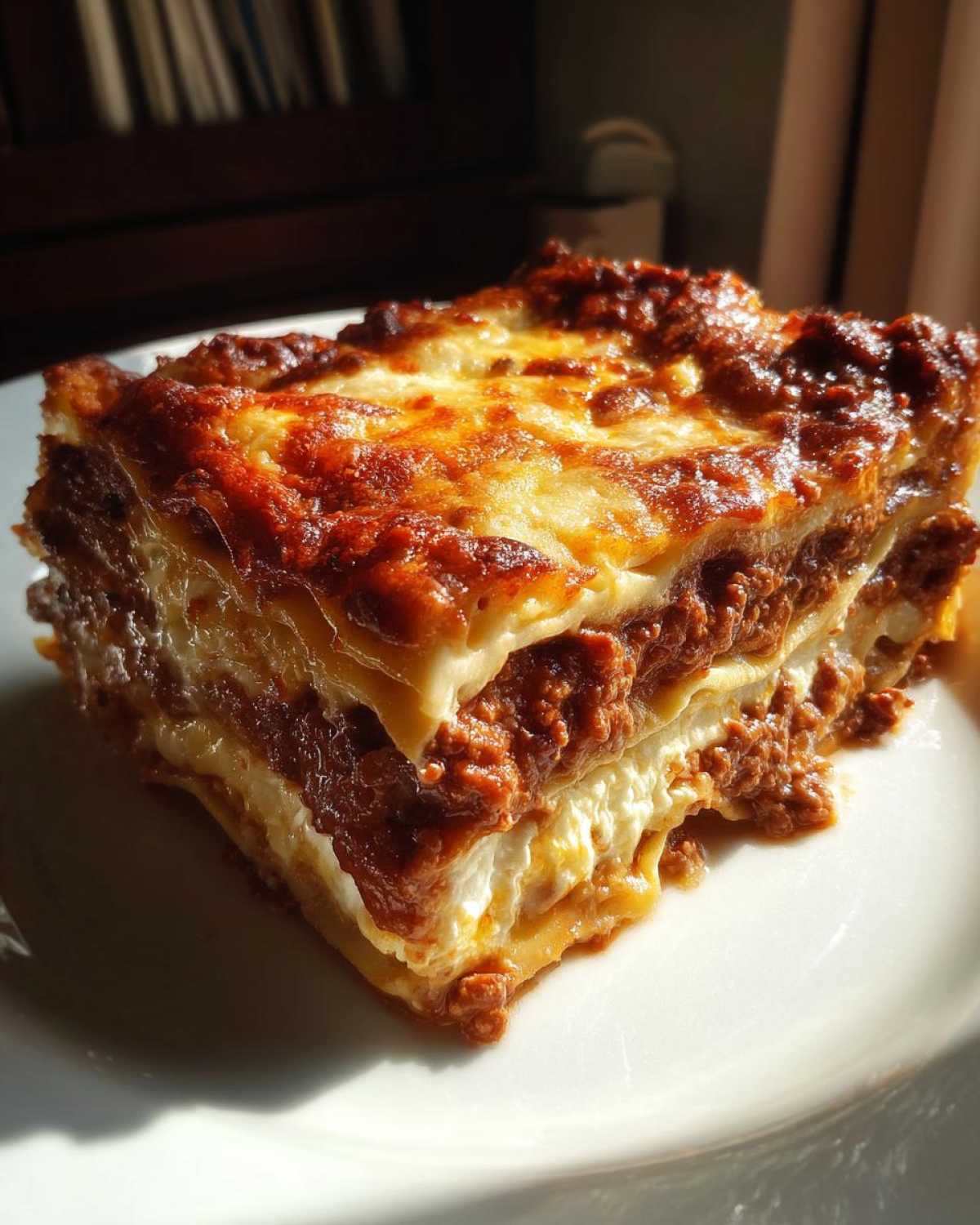 A close-up, golden-brown slice of baked lasagna with visible layers of pasta, meat sauce, and creamy cheese.