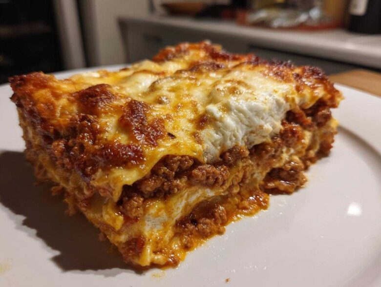 Close-up of a thick, cheesy slice of homemade lasagna with rich meat sauce layers.