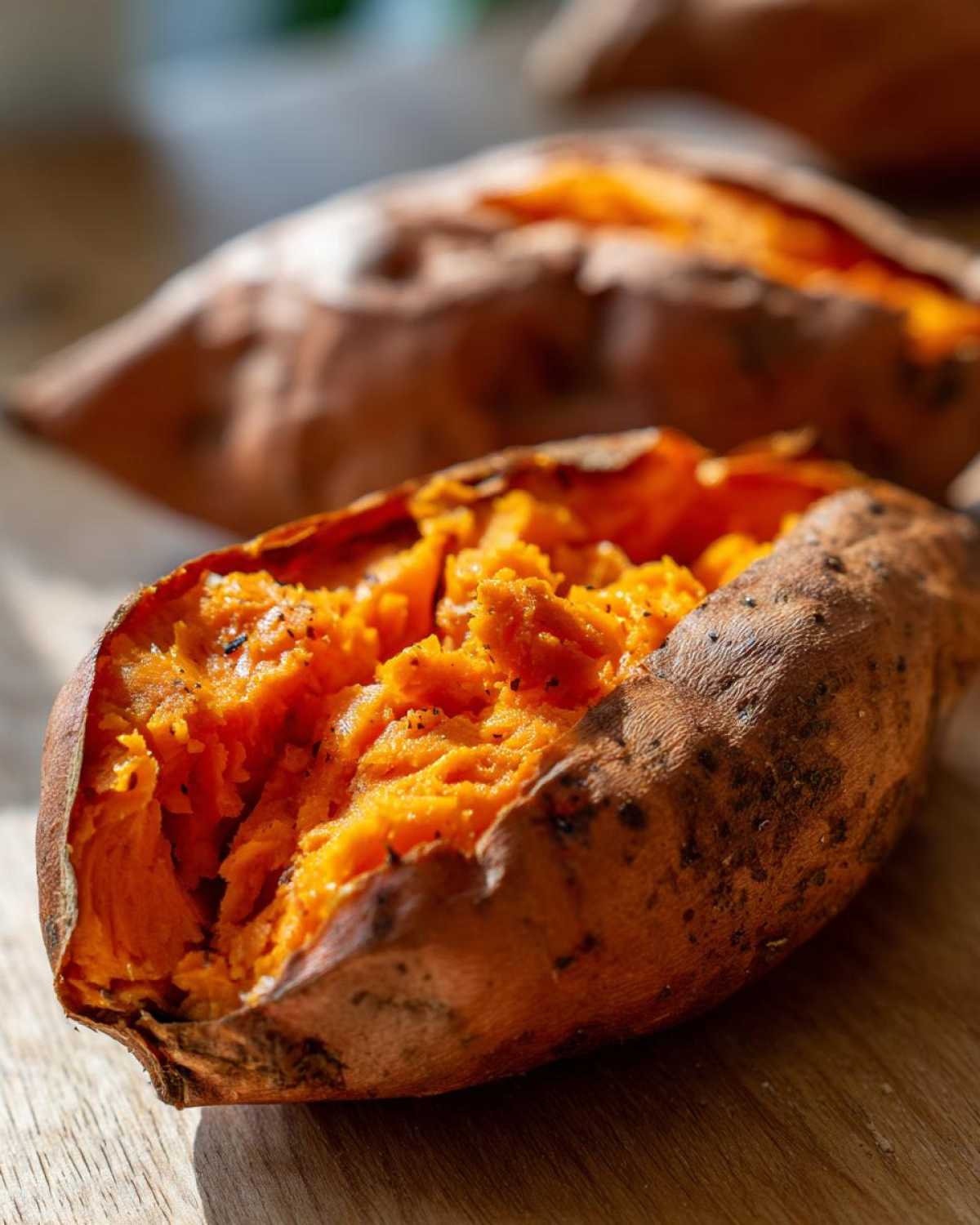 Close-up of a perfectly baked sweet potato, split open to show the fluffy, bright orange interior seasoned with pepper.