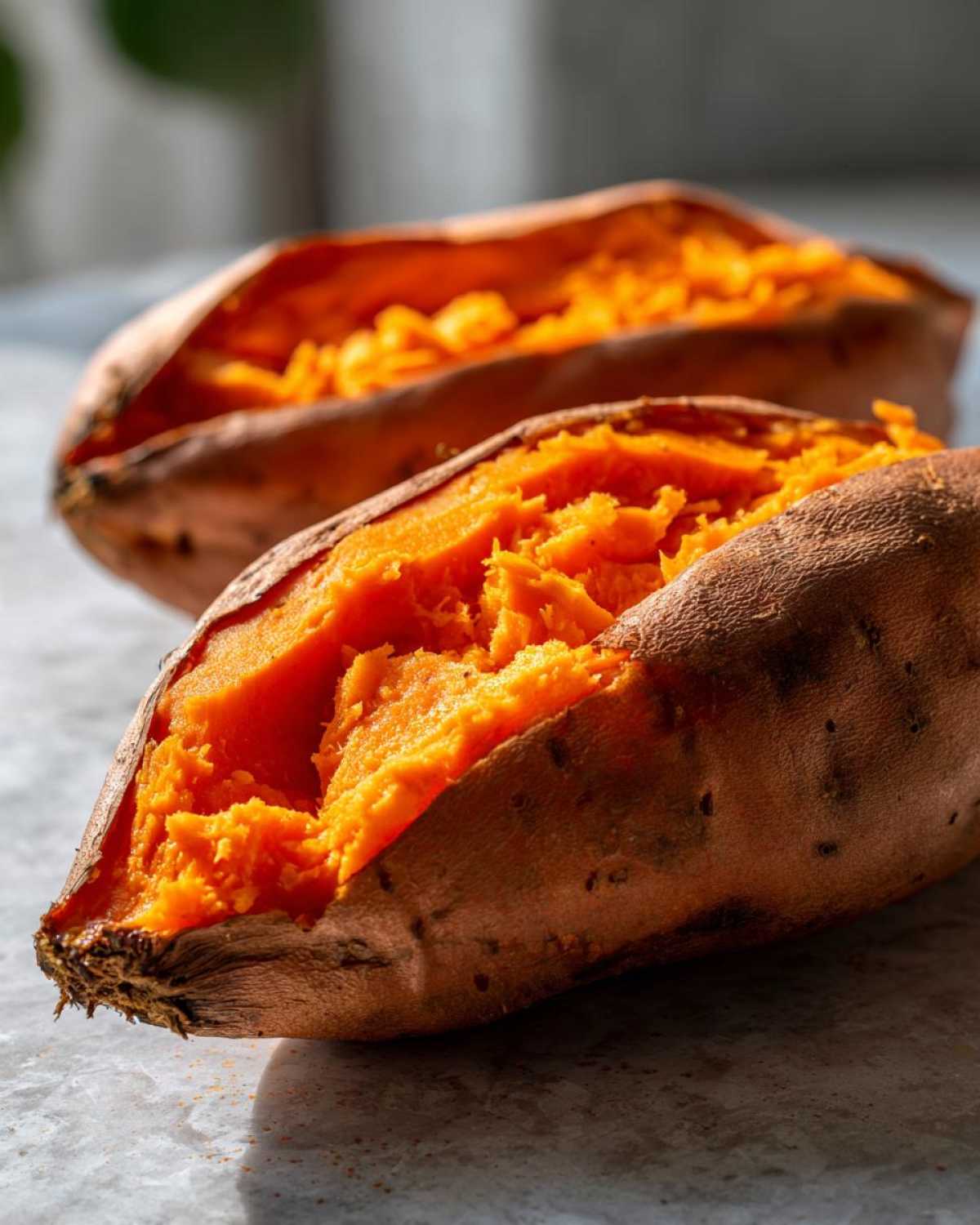 Close-up of a perfectly baked sweet potato split open, revealing bright orange, fluffy interior.