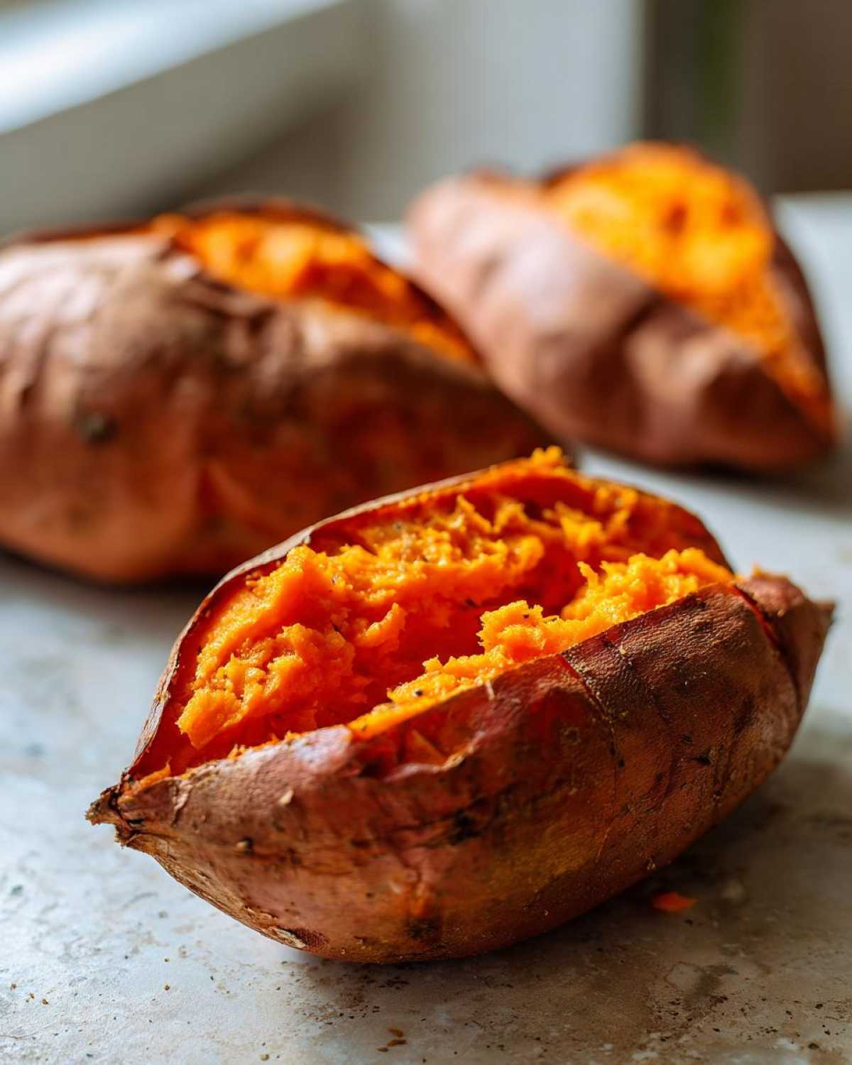 Close-up of a baked sweet potato split open showing the fluffy, bright orange interior.