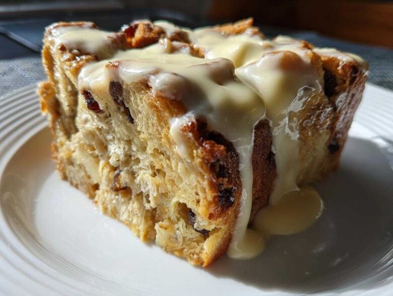 A close-up of a moist slice of bread pudding topped generously with vanilla cream sauce.
