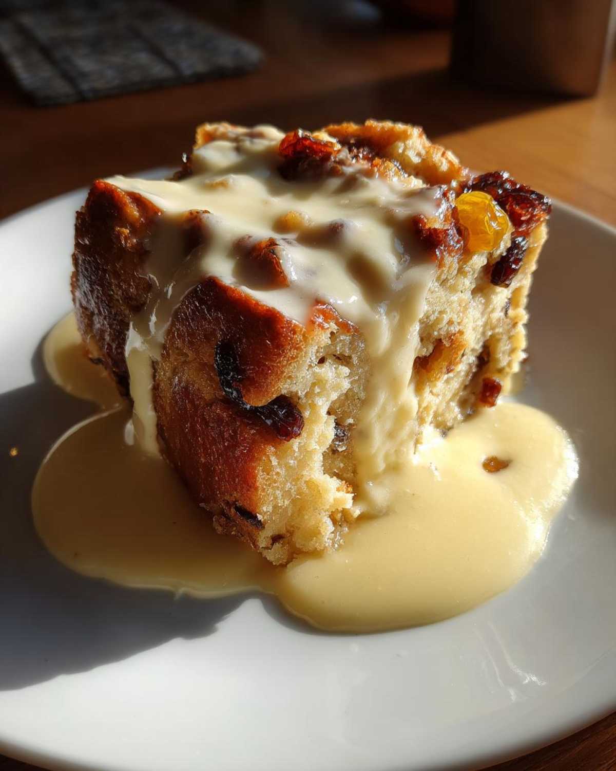 A close-up of a serving of amazing bread pudding topped generously with vanilla custard sauce.