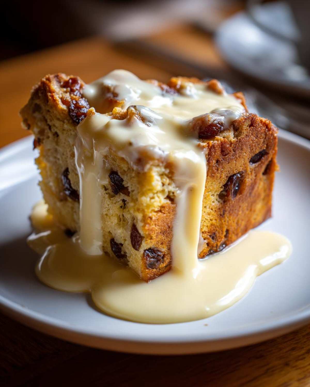 A rich slice of raisin bread pudding generously topped with smooth vanilla custard sauce.