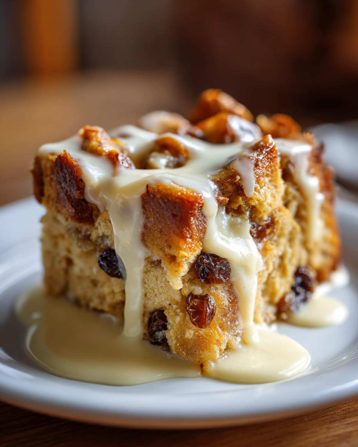 A close-up of a square slice of golden brown bread pudding studded with raisins, topped with thick vanilla sauce.