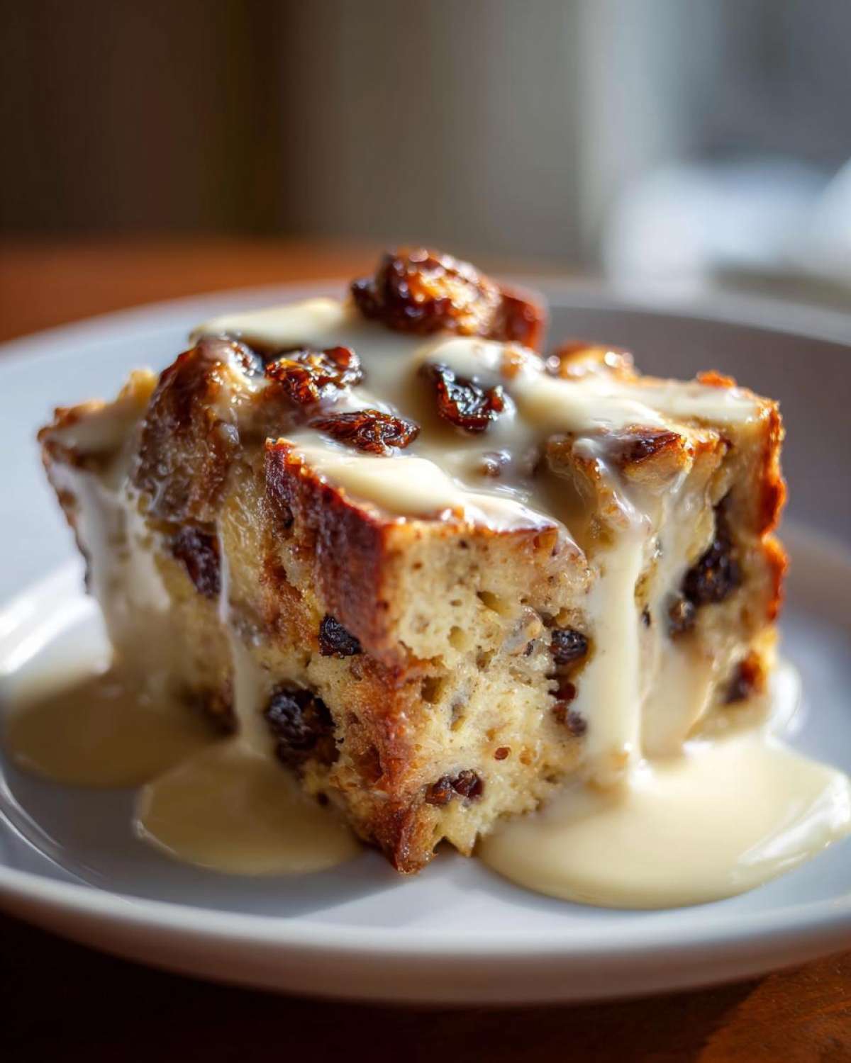A close-up of a rich slice of bread pudding studded with raisins, generously covered in vanilla cream sauce.