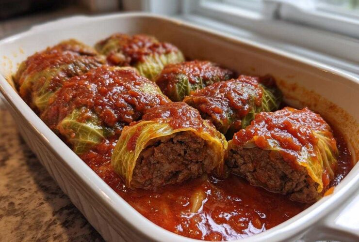A white baking dish filled with homemade cabbage rolls smothered in rich tomato sauce.