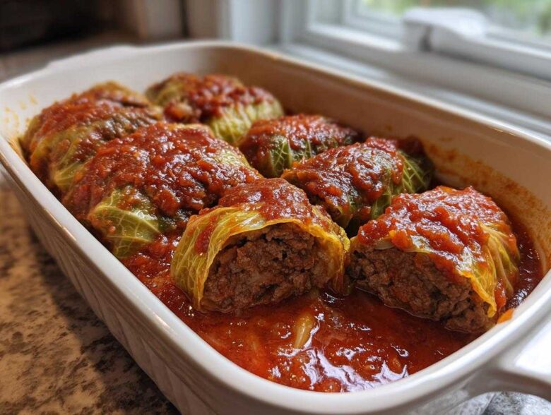 A white baking dish filled with homemade cabbage rolls smothered in rich tomato sauce.