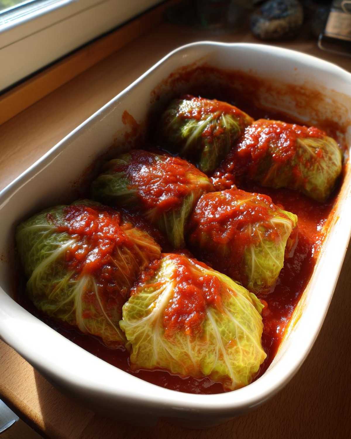 Five freshly made cabbage rolls simmering in a rich tomato sauce in a white baking dish.