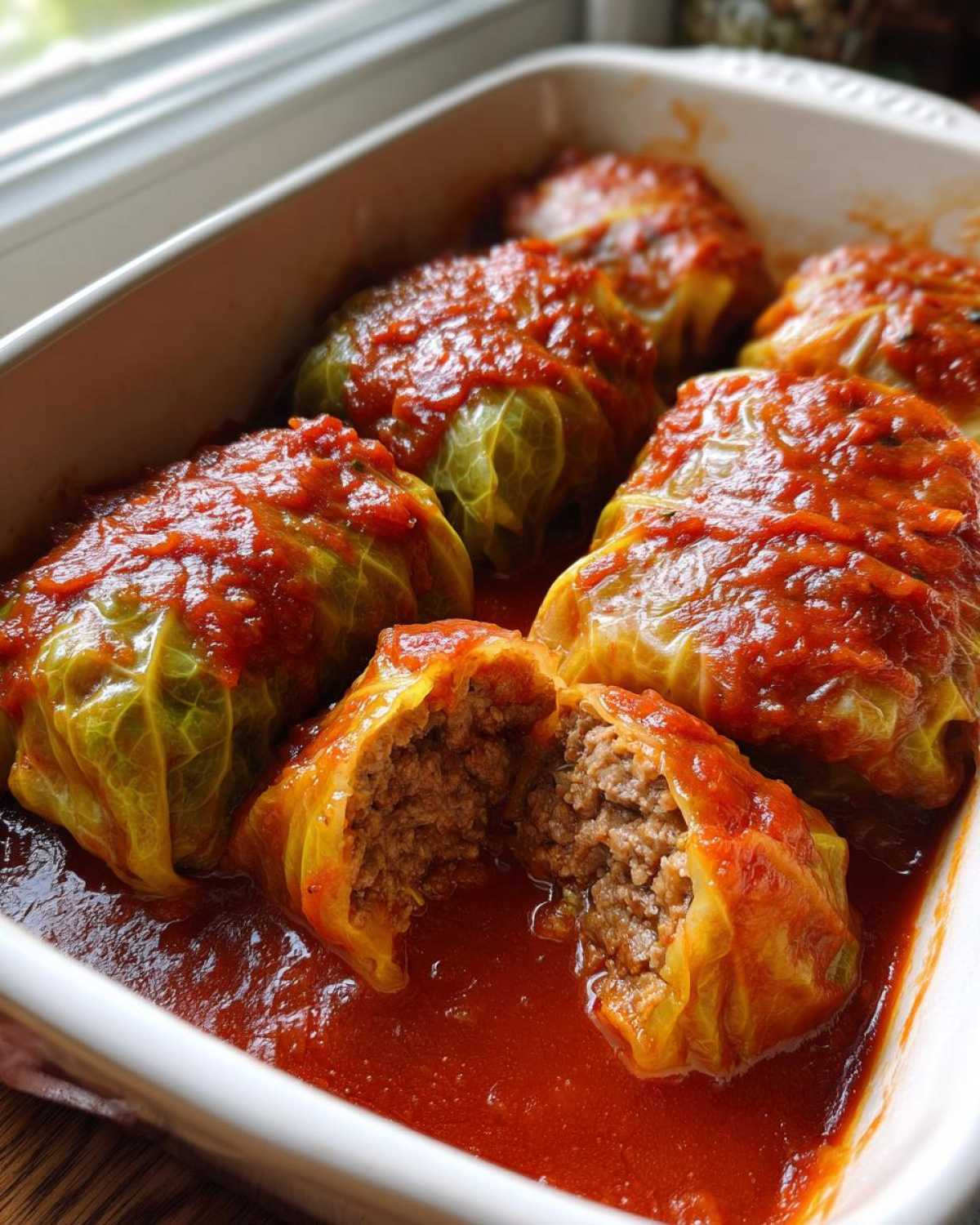 Close-up of homemade cabbage rolls stuffed with meat, simmering in bright red tomato sauce in a white baking dish.