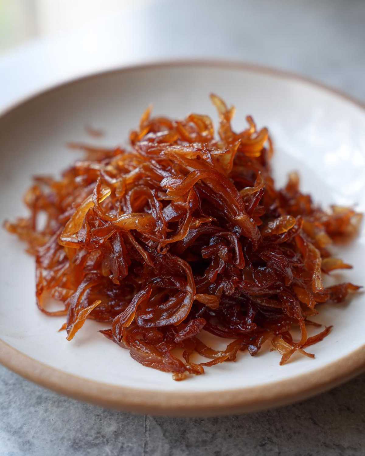 Close-up of a small pile of rich, dark brown caramelized onions served on a white plate.