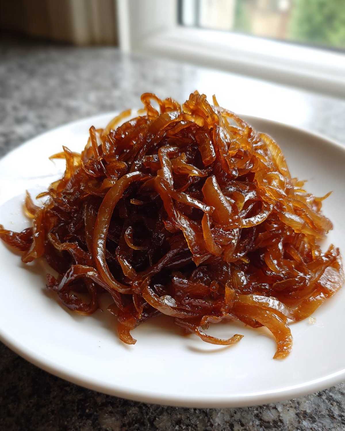A close-up of deeply browned, glossy caramelized onions piled high on a small white plate.
