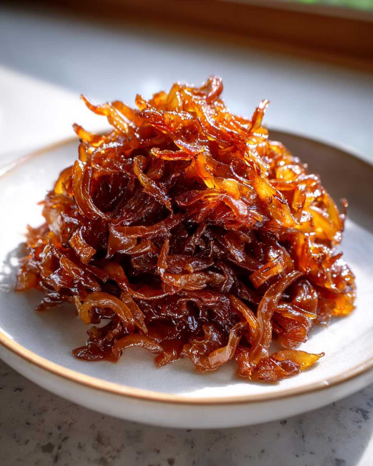 A close-up of a mound of deeply browned, glossy caramelized onions served on a light-colored plate.