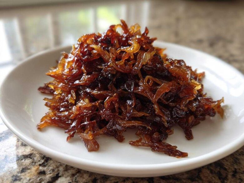 A mound of deeply browned, glossy caramelized onions piled high on a small white serving dish.