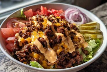 A close-up of a delicious cheeseburger bowl featuring seasoned ground beef, melted cheese, and special sauce over lettuce.