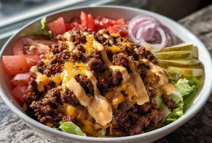 A close-up of a delicious cheeseburger bowl featuring seasoned ground beef, melted cheese, and special sauce over lettuce.