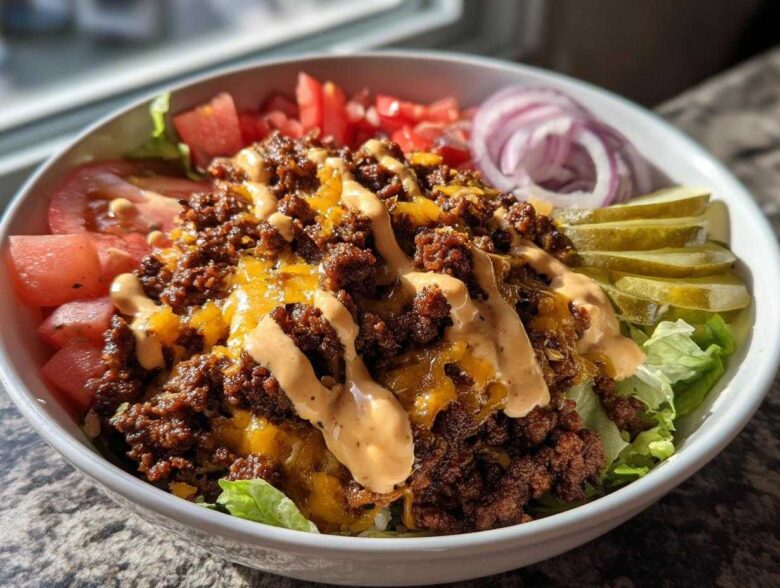 A close-up of a delicious cheeseburger bowl featuring seasoned ground beef, melted cheese, and special sauce over lettuce.