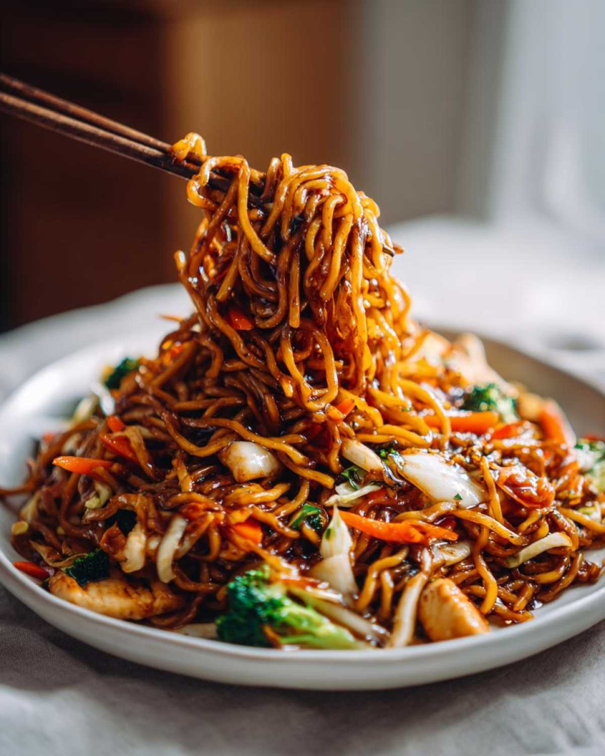 Chopsticks lifting a large portion of saucy noodles from a plate of chicken chow mein recipe with vegetables.