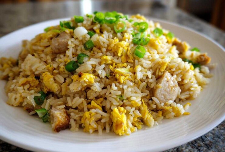 A close-up of a mound of amazing chicken fried rice, featuring rice, scrambled egg, chicken pieces, and green onions.
