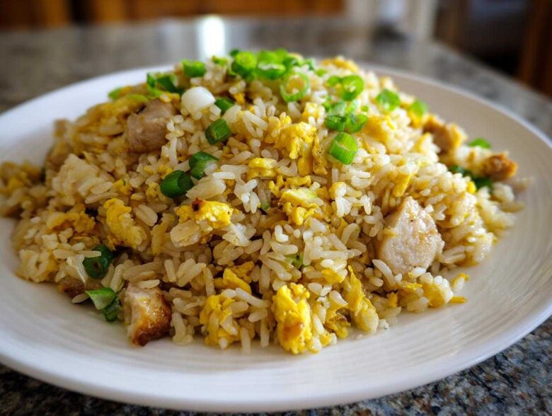 A close-up of a mound of amazing chicken fried rice, featuring rice, scrambled egg, chicken pieces, and green onions.