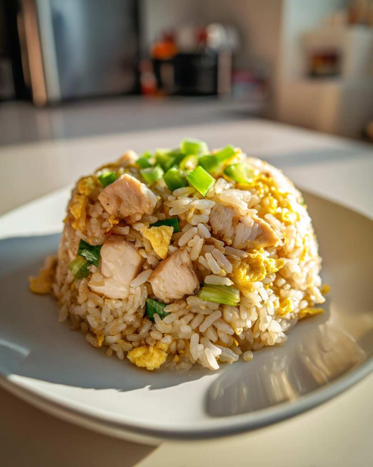 A mound of delicious chicken fried rice topped with chopped green onions and visible pieces of chicken and scrambled egg.