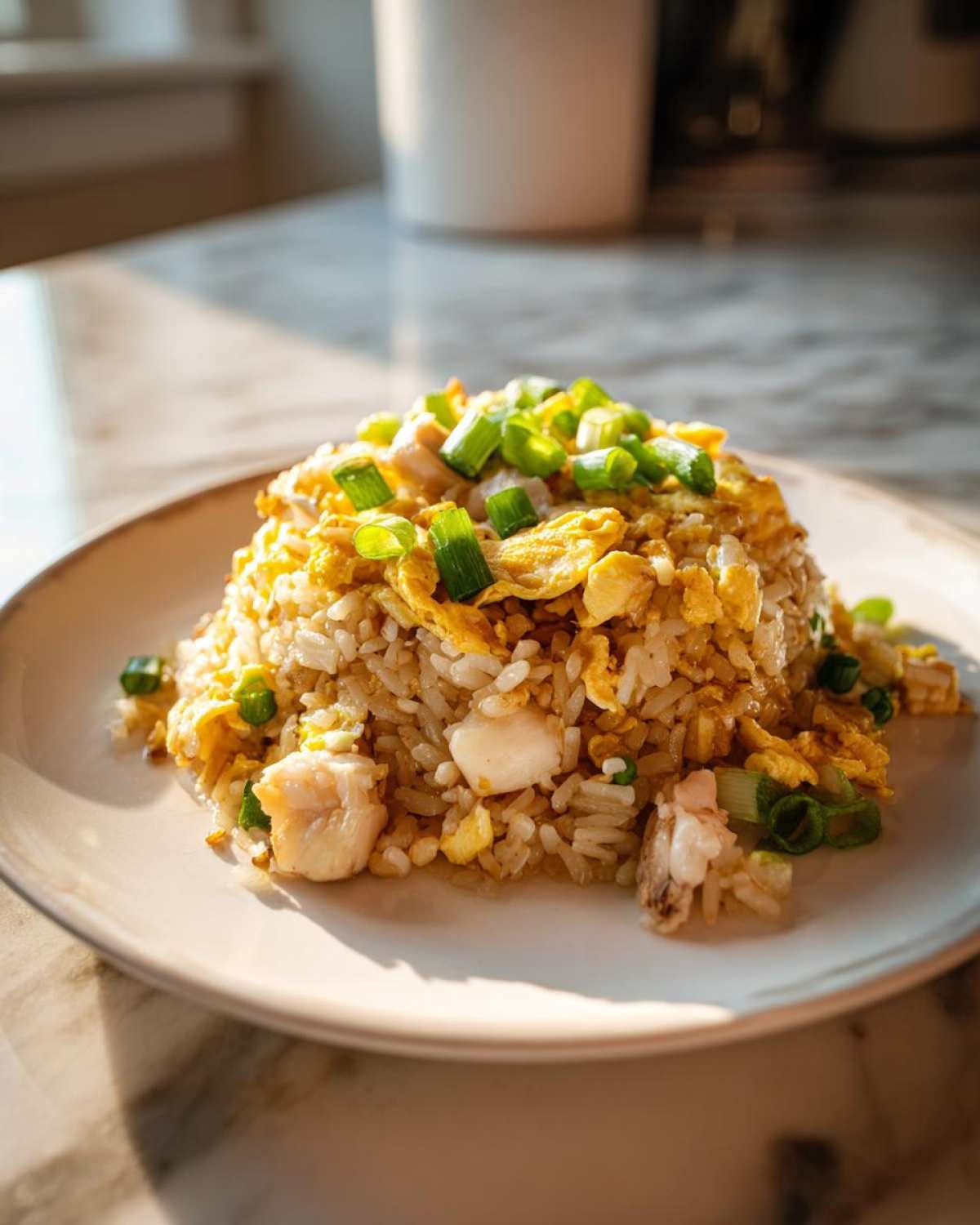 A mound of golden chicken fried rice topped with scrambled egg and fresh green onions on a light plate.