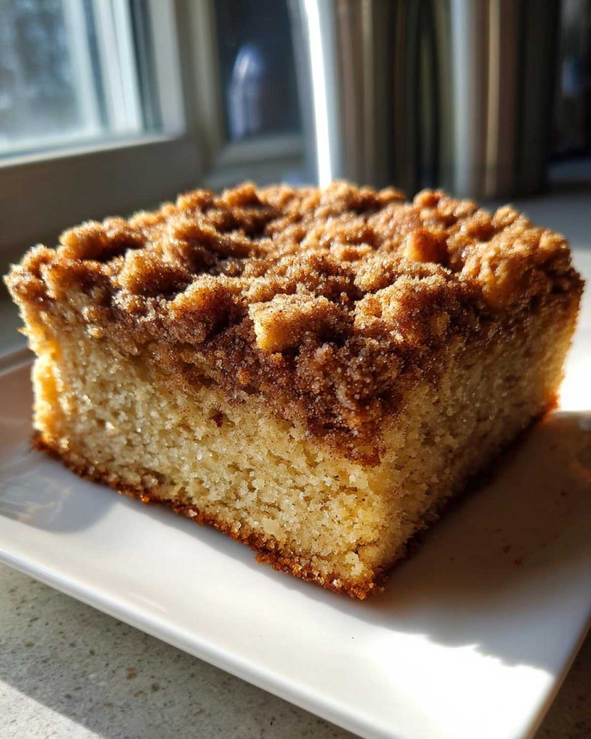 Close-up of a square slice of amazing coffee cake with a thick, sugary cinnamon crumb topping, sitting on a white plate.