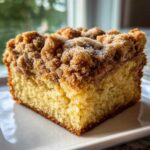 Close-up of a moist slice of coffee cake featuring a thick, sugary cinnamon crumb topping.
