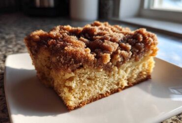 A close-up of a square slice of amazing coffee cake featuring a thick, crumbly cinnamon streusel topping.
