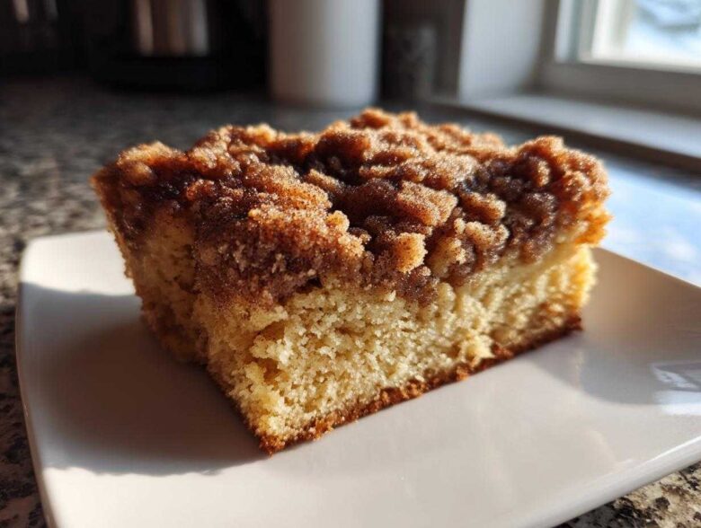 A close-up of a square slice of amazing coffee cake featuring a thick, crumbly cinnamon streusel topping.