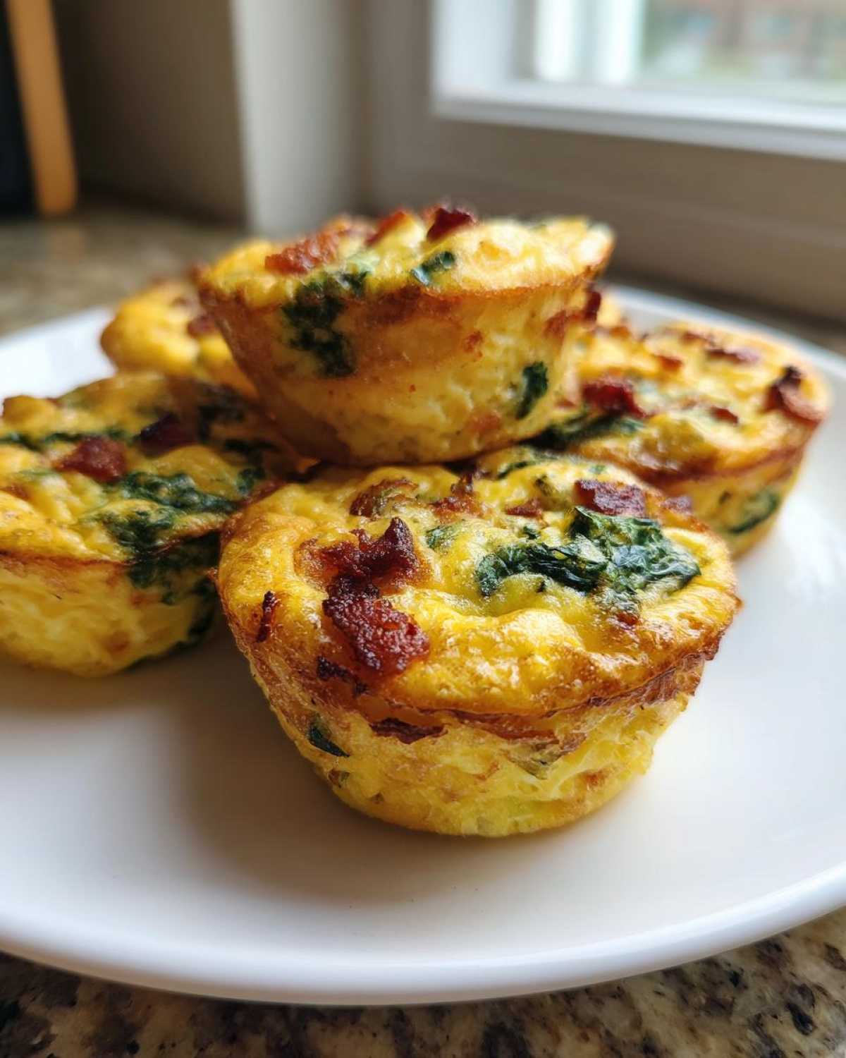A stack of golden brown, freshly baked egg bites featuring visible pieces of bacon and spinach on a white plate.
