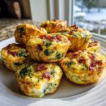 A stack of freshly baked, golden brown egg bites loaded with spinach and bacon pieces, served on a white plate.