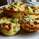 A close-up of several fluffy, golden brown egg bites topped with green herbs and bits of bacon, ready to eat.