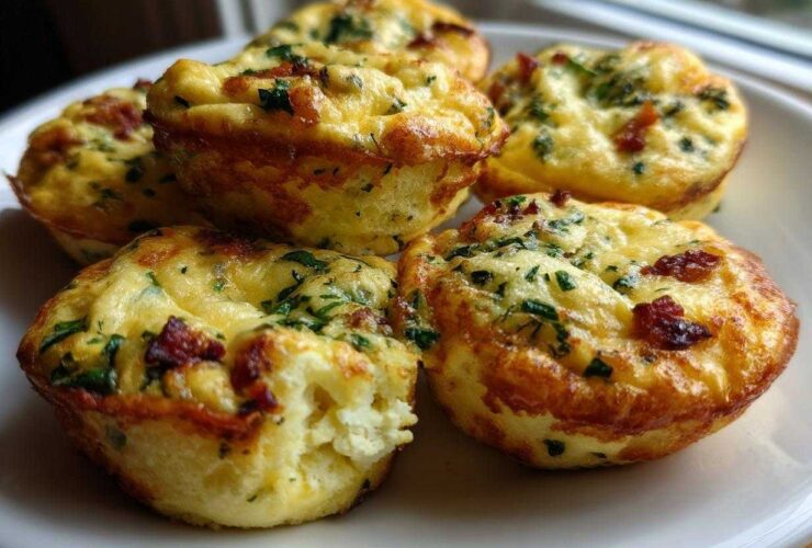 A close-up of several fluffy, golden brown egg bites topped with green herbs and bits of bacon, ready to eat.