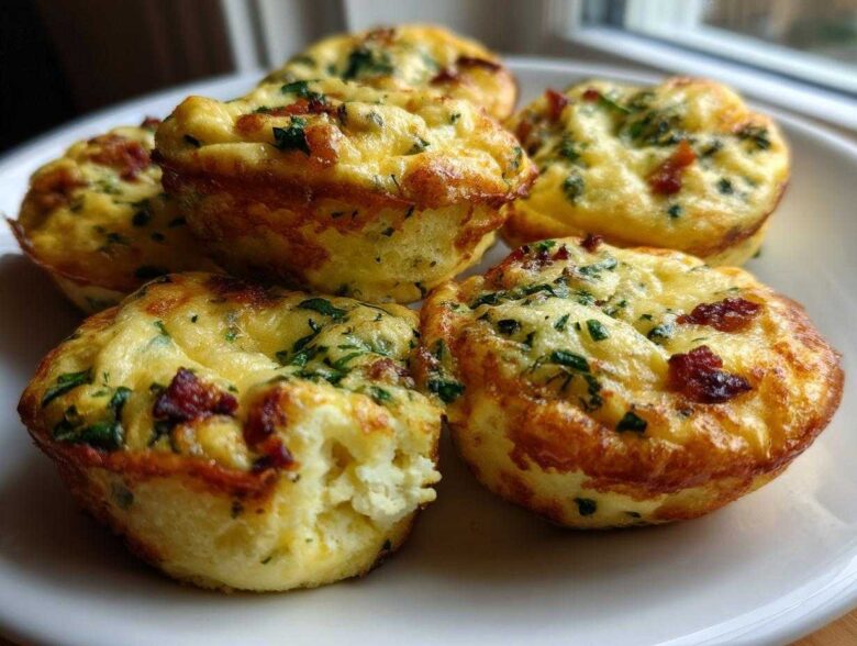A close-up of several fluffy, golden brown egg bites topped with green herbs and bits of bacon, ready to eat.
