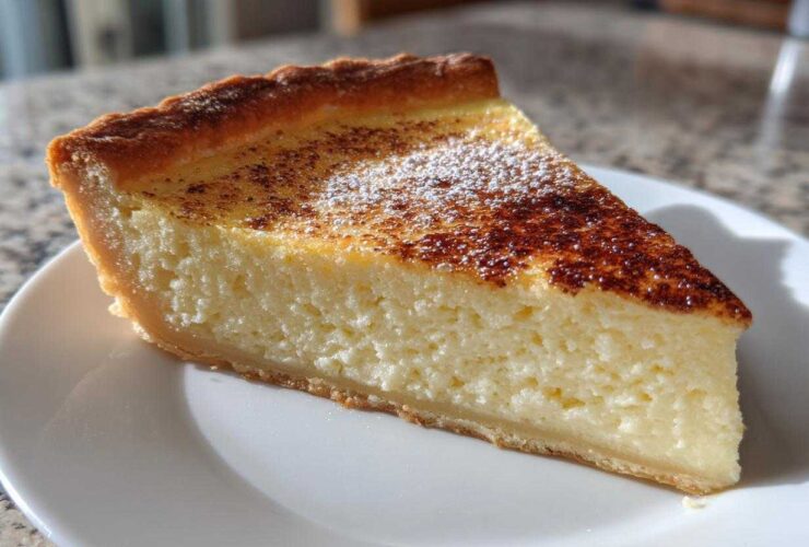A thick slice of creamy egg custard tart dusted with cinnamon and powdered sugar on a white plate.