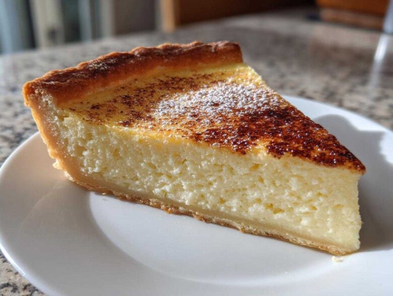 A thick slice of creamy egg custard tart dusted with cinnamon and powdered sugar on a white plate.