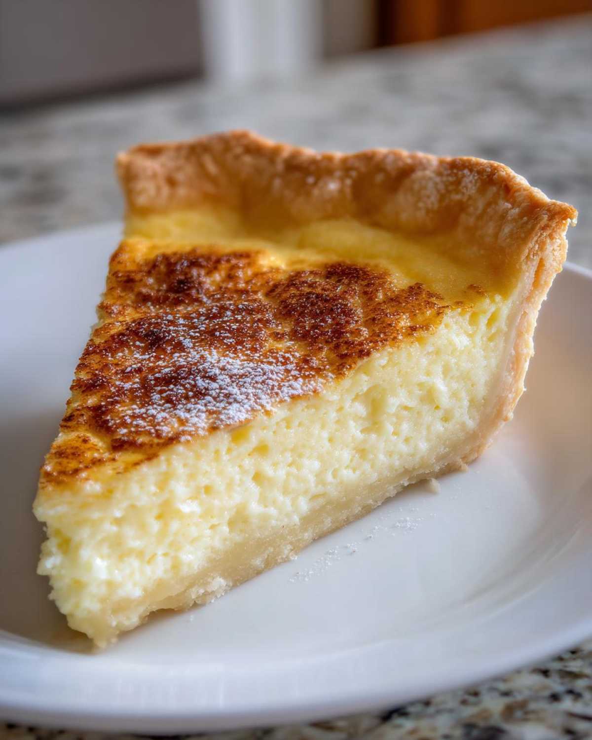 Close-up of a perfect slice of creamy egg custard pie dusted lightly with powdered sugar.