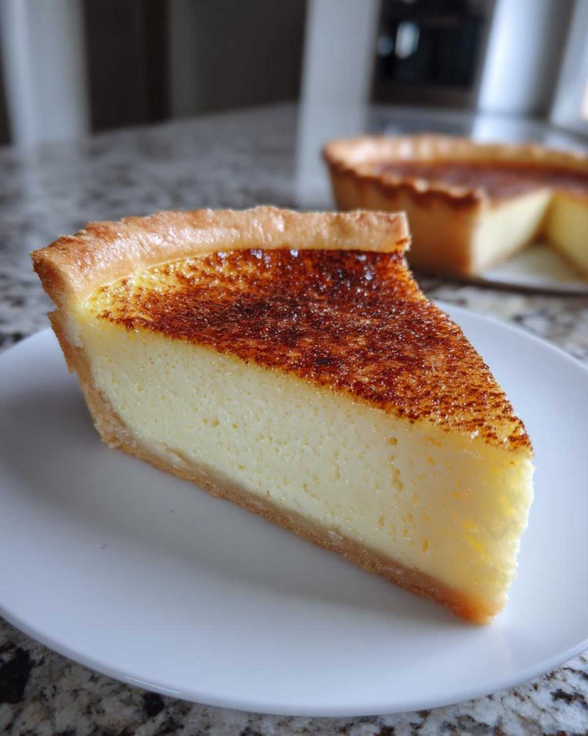 A perfect slice of creamy egg custard with a caramelized, torched top crust on a white plate.
