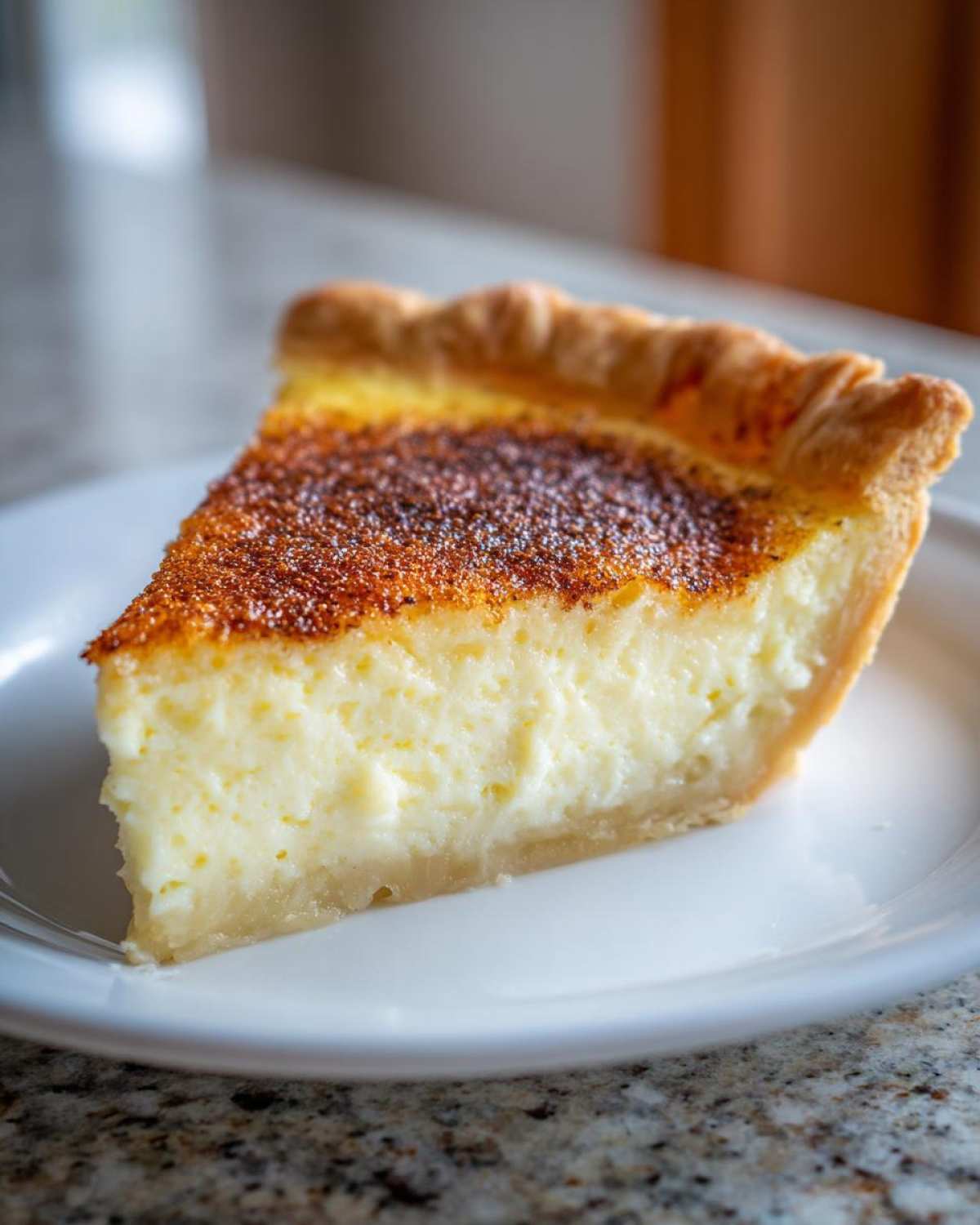 Close-up of a thick slice of creamy egg custard pie with a golden, nutmeg-dusted top crust.