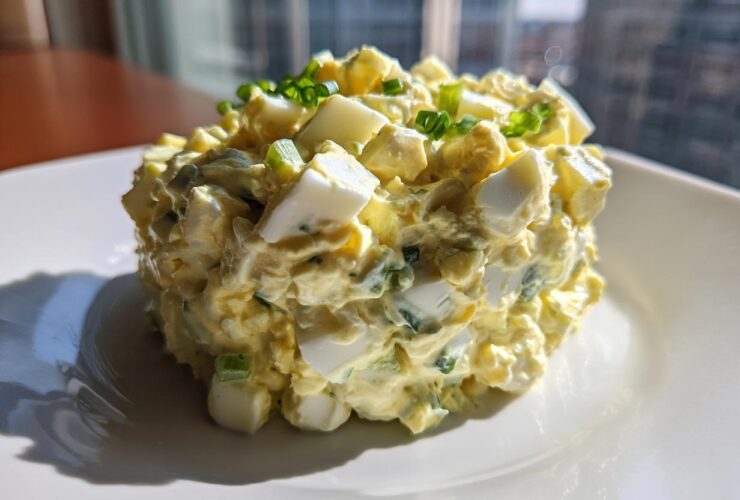 A molded mound of creamy, chunky egg salad recipe garnished with fresh chives on a white plate.