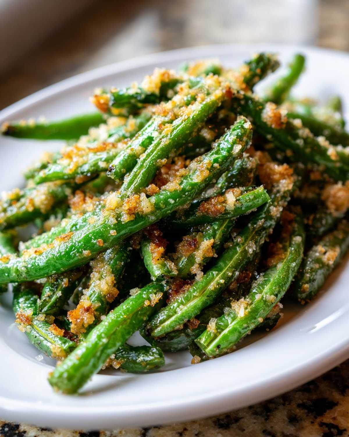Close-up of bright green beans tossed with a crispy, golden breadcrumb topping.