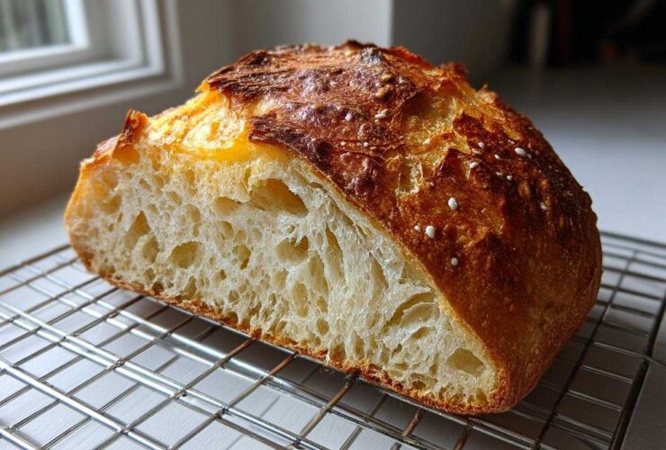 Cross-section of a freshly baked Italian bread showing an open, airy crumb structure resting on a wire rack.