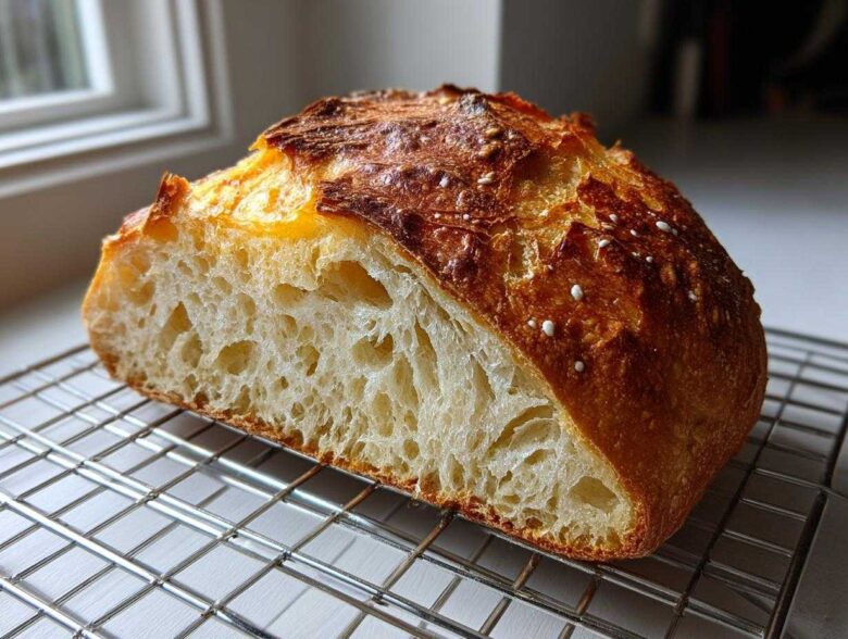 Cross-section of a freshly baked Italian bread showing an open, airy crumb structure resting on a wire rack.