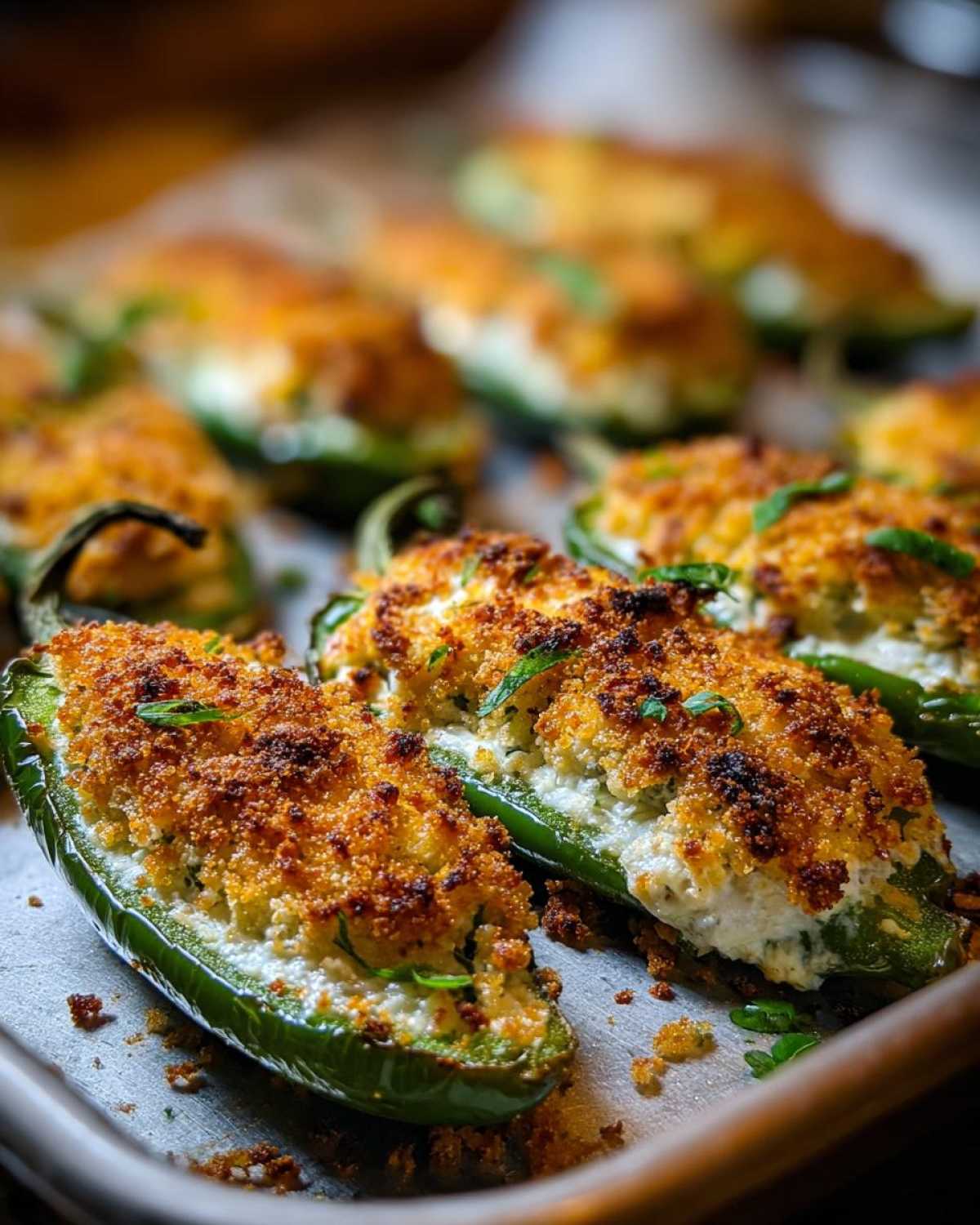 Close-up of freshly baked jalapeño poppers stuffed with cream cheese and topped with golden, crispy breadcrumbs.