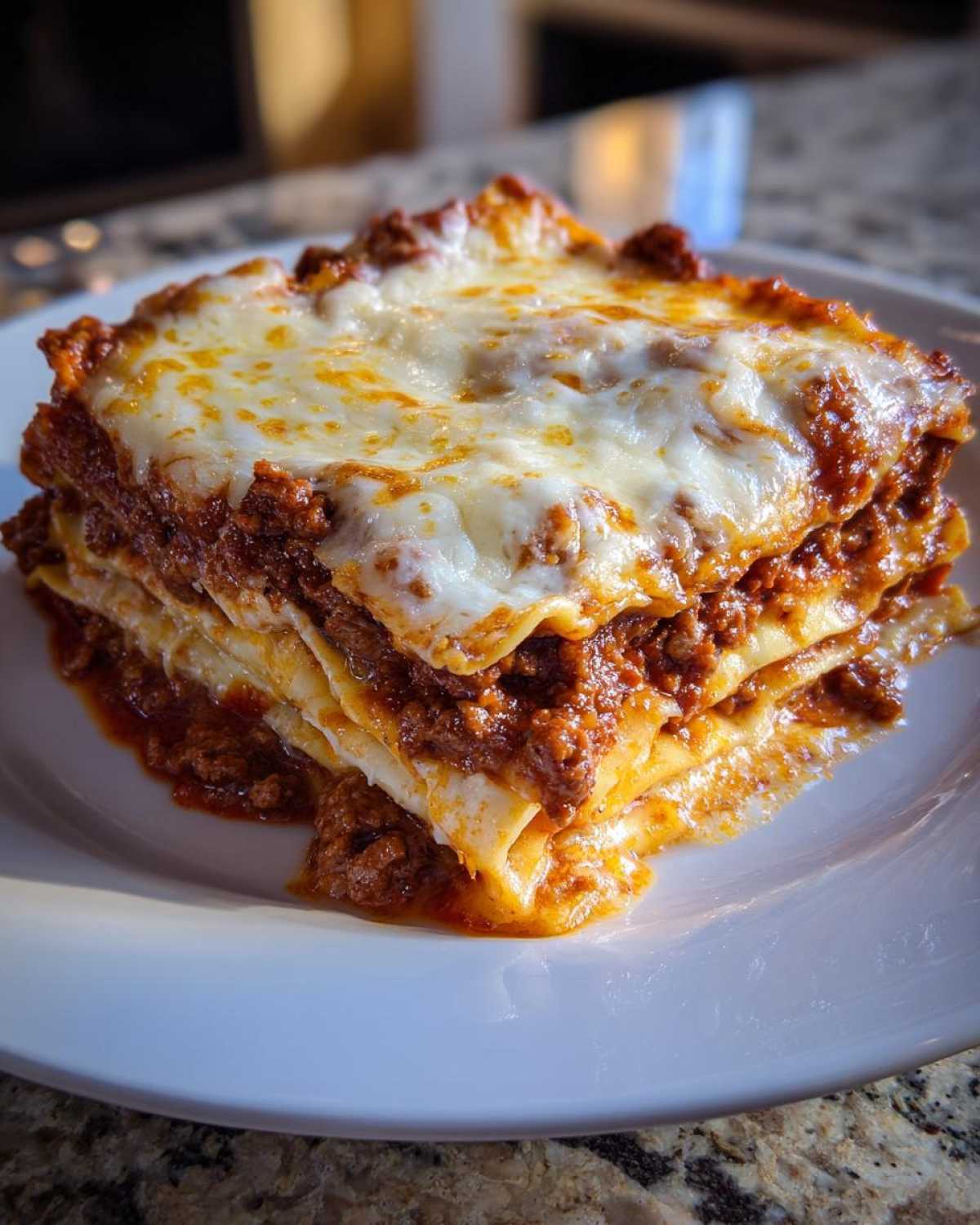A tall, layered slice of homemade lasagna topped with melted, bubbly cheese sits on a white plate.