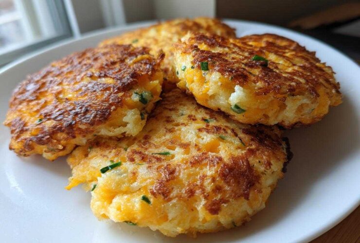 Four golden brown, pan-fried mashed potato cakes, flecked with cheese and chives, served on a white plate.